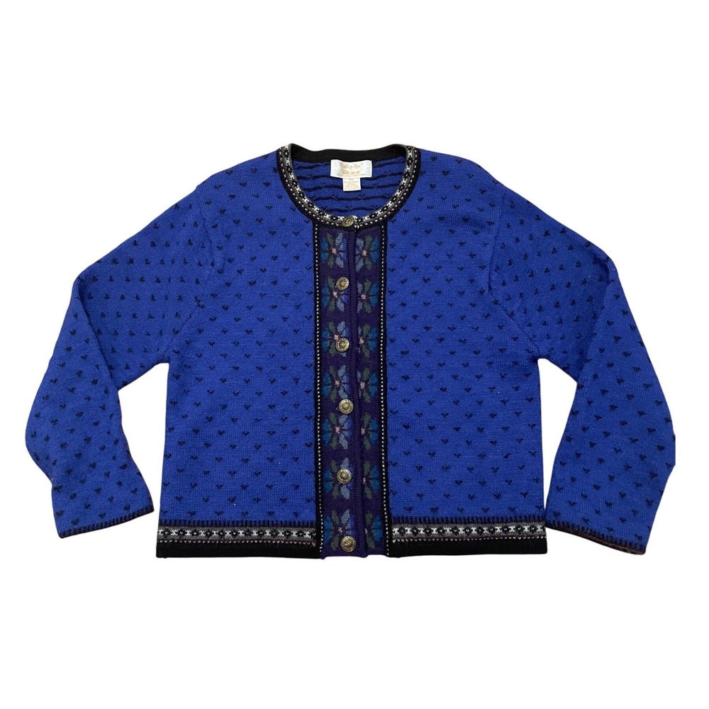 Vintage Cardigan Blue Boiled Wool Floral Sweater PM Folk Cottage